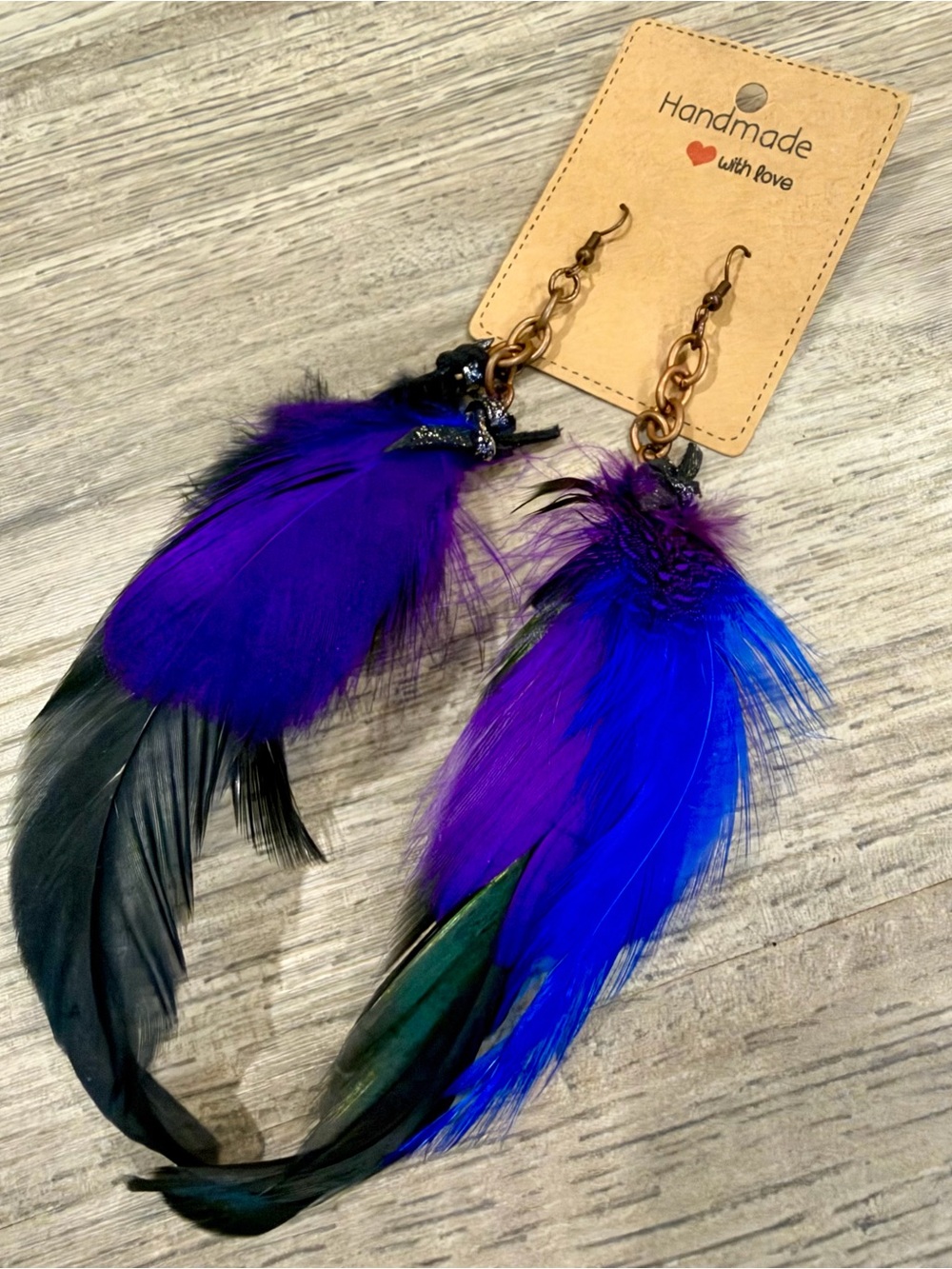 NEW Handmade Statement Purple & Blue Feather Drop Earrings with Copper